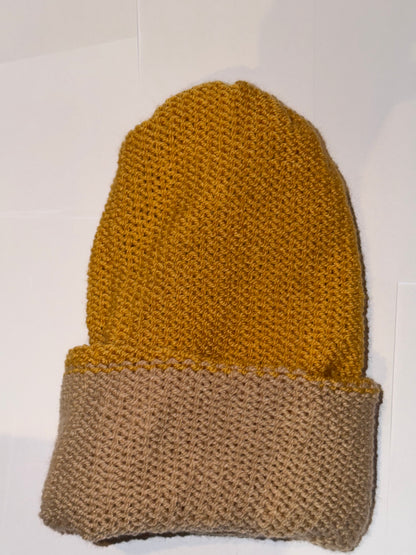 Handmade Reversible Wooly Beanie Gold and Honey dual-tone warm knit hat.