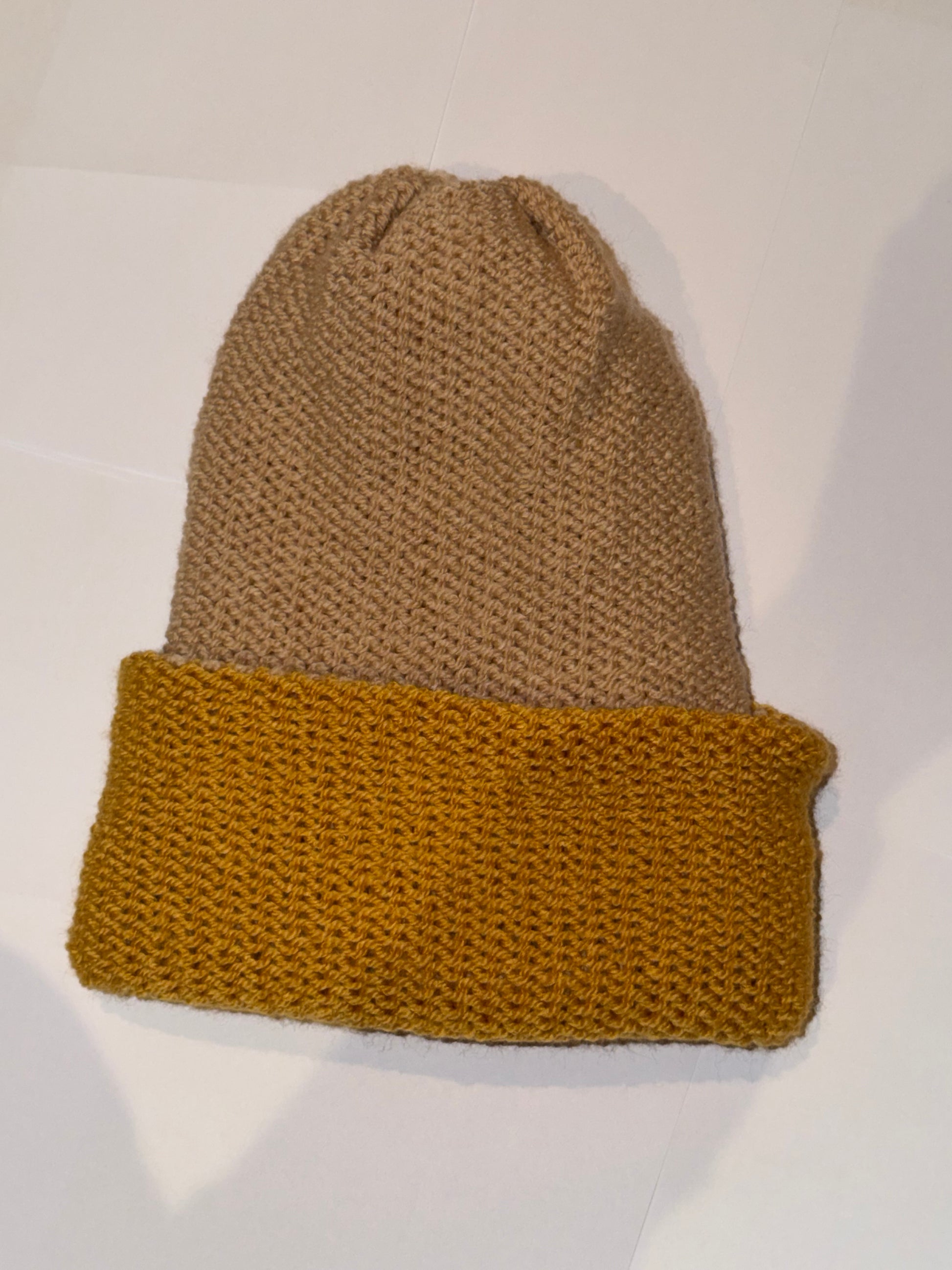 Handmade Reversible Wooly Beanie Gold and Honey dual-tone warm knit hat.