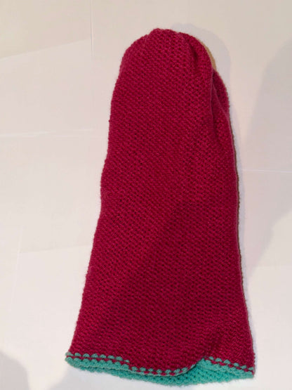 Handmade Reversible Wooly Beanie Aqua and Magenta showing the two-tone artisanal knit design.