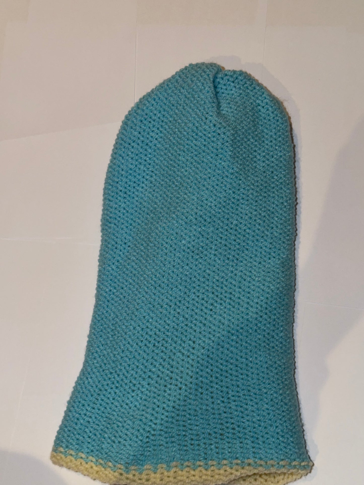 Handmade Reversible Wooly Beanie Cream and Soft Blue dual-tone knit in light pastel colors.