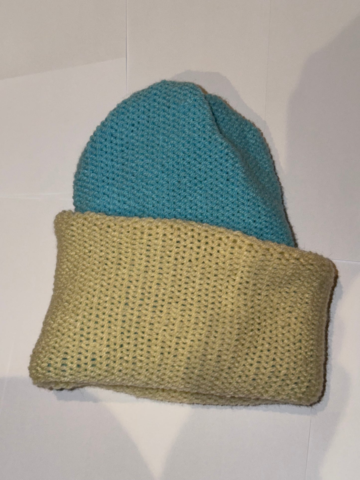 Handmade Reversible Wooly Beanie Cream and Soft Blue dual-tone knit in light pastel colors.