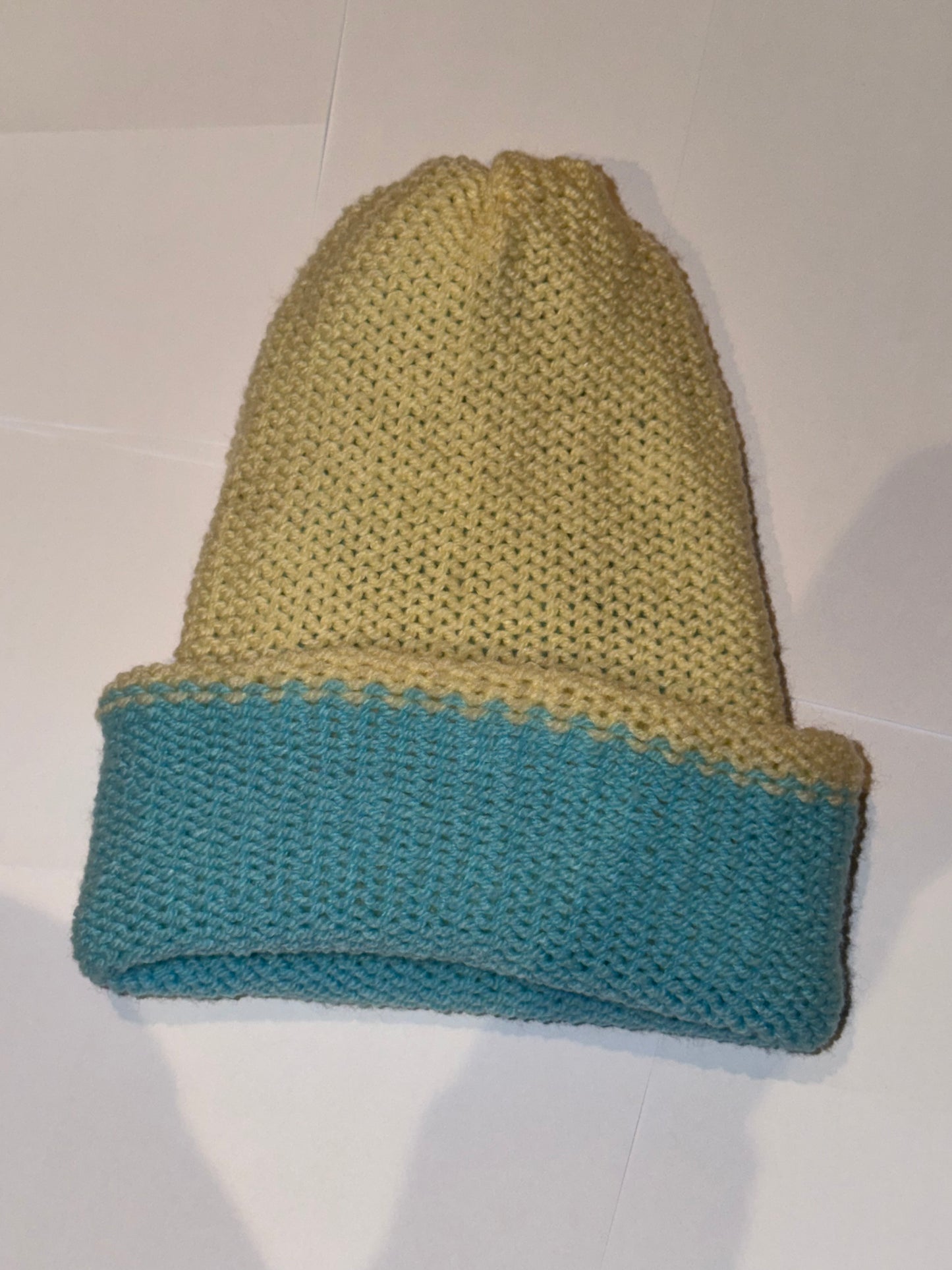 Handmade Reversible Wooly Beanie Cream and Soft Blue dual-tone knit in light pastel colors.