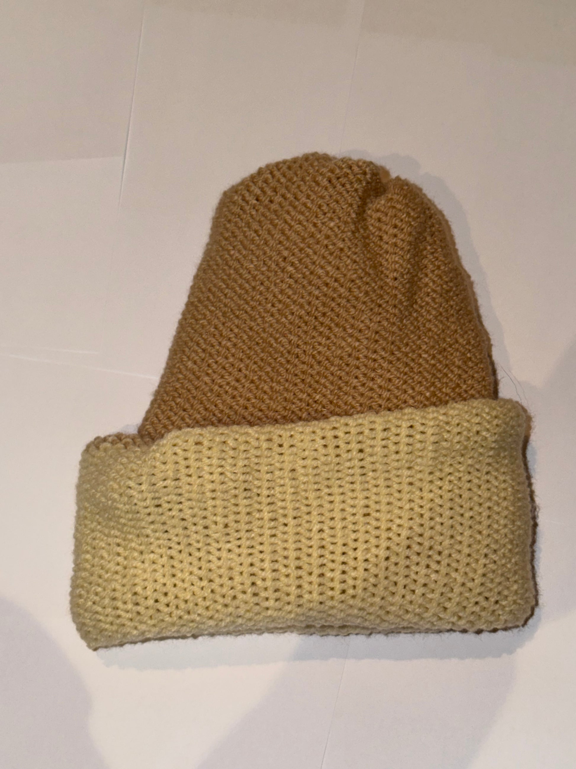 Handmade Reversible Wooly Beanie Honey and Cream dual-tone golden knit hat.