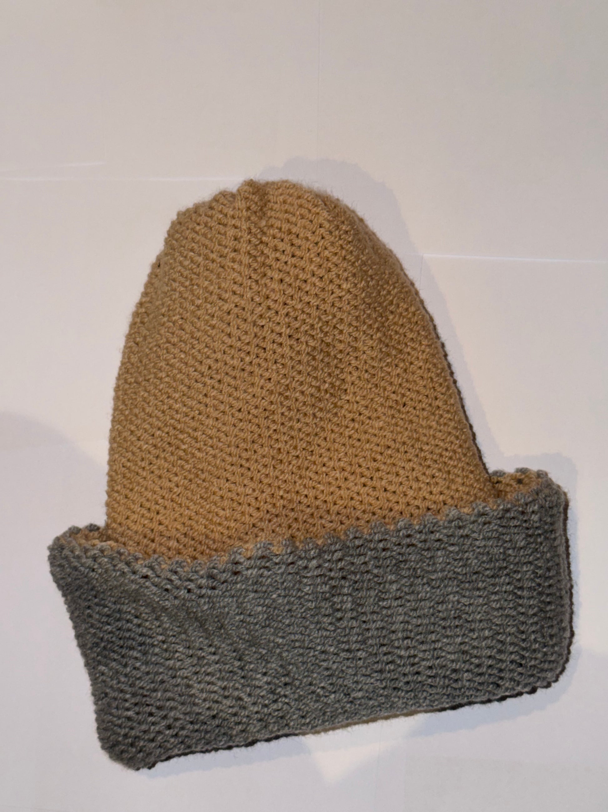 Handmade Reversible Wooly Beanie Grey and Honey in a dual-color artisanal knit.