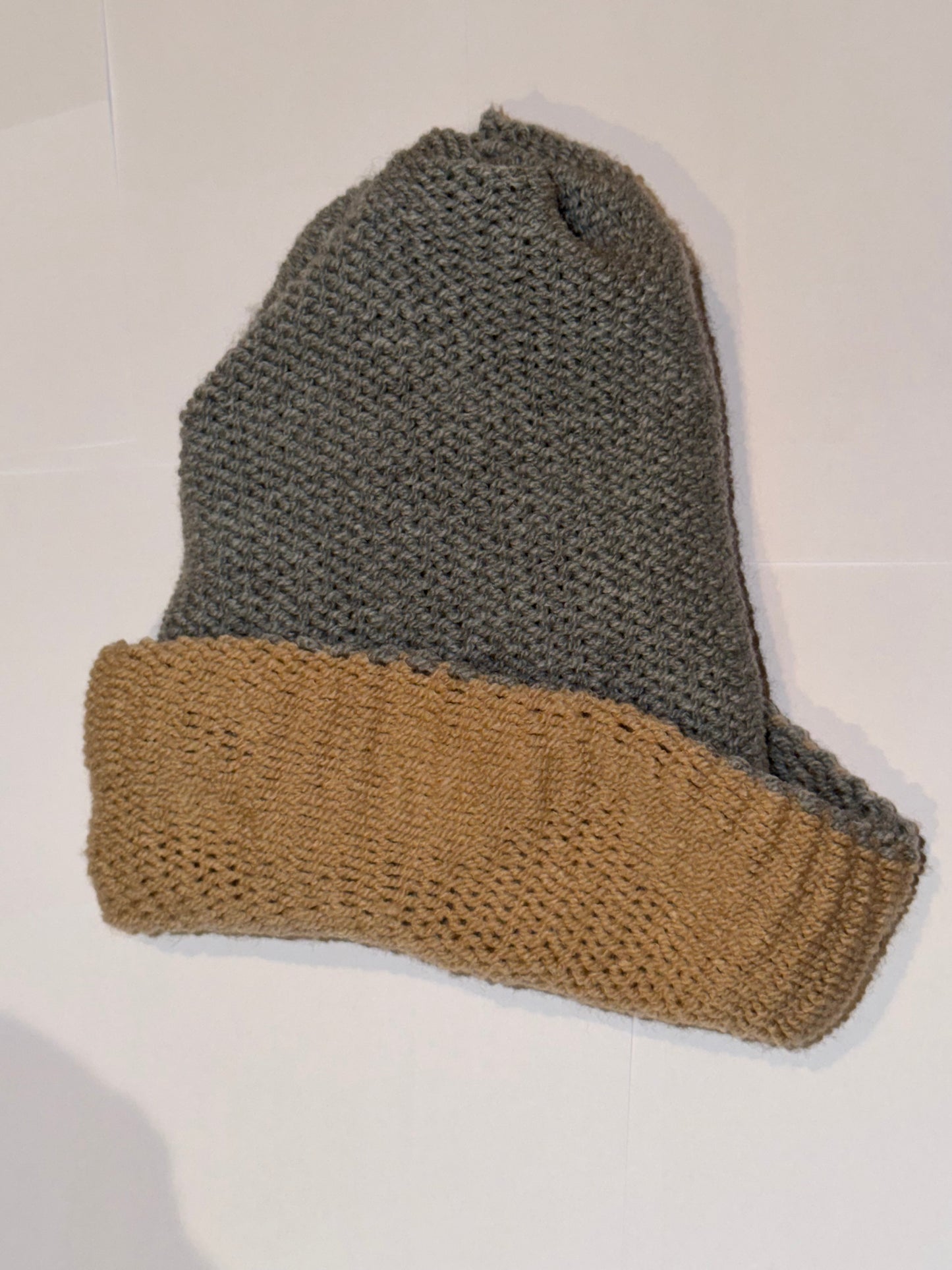 Handmade Reversible Wooly Beanie Grey and Honey in a dual-color artisanal knit.