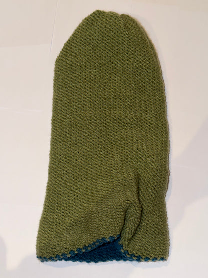 Handmade Reversible Wooly Beanie Petrol and Sage Green showing the earth-toned knit.