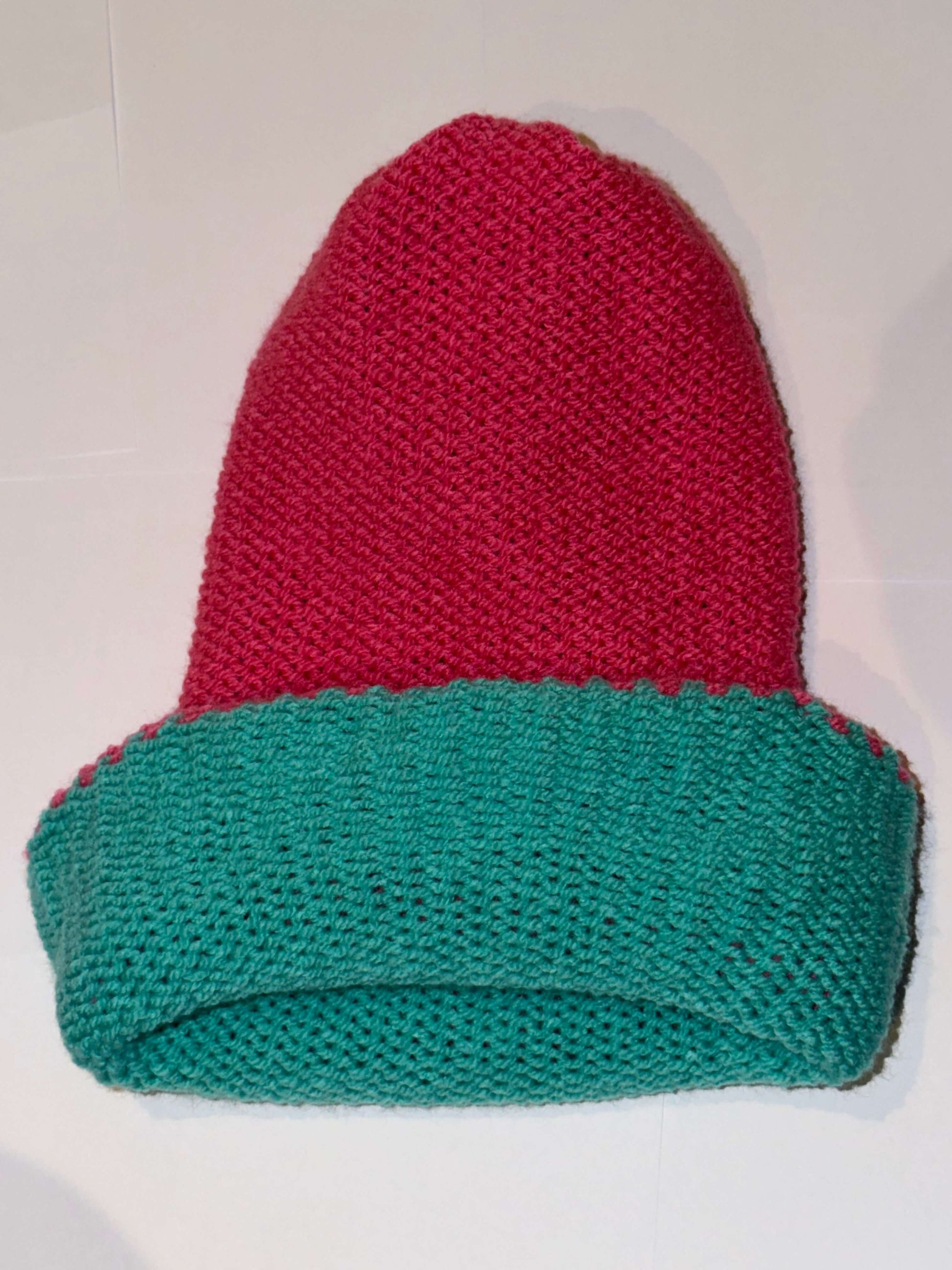 Handmade Reversible Wooly Beanie Aqua and Hot Pink in a cozy wool knit.