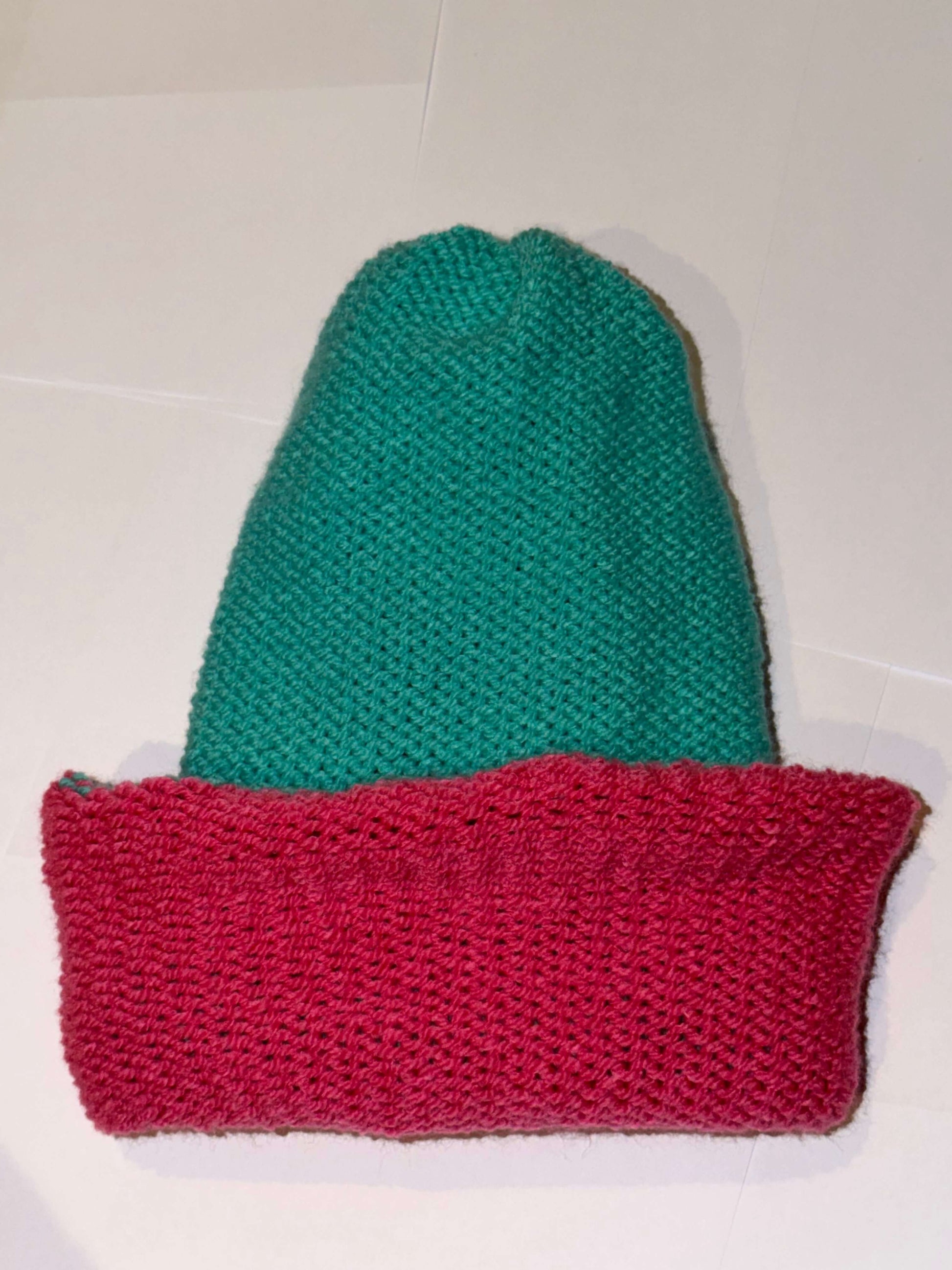 Handmade Reversible Wooly Beanie Aqua and Hot Pink in a cozy wool knit.