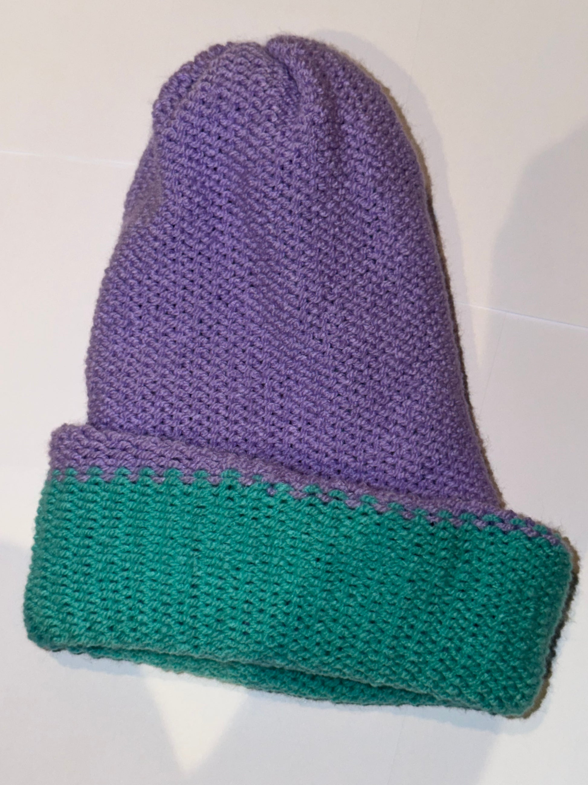 Handmade Reversible Wooly Beanie Bright Lilac and Aqua showing a vibrant dual-tone knit.
