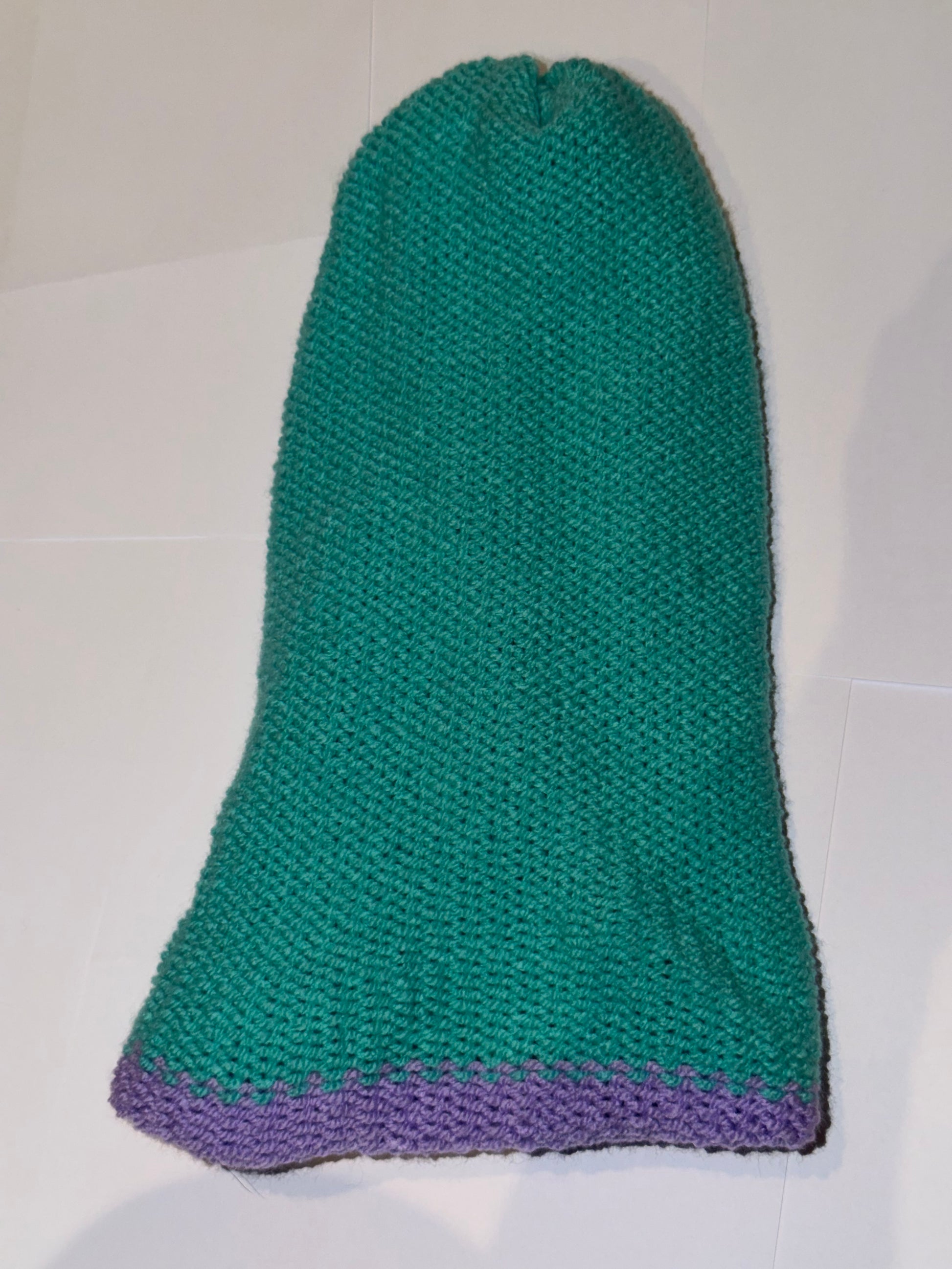 Handmade Reversible Wooly Beanie Bright Lilac and Aqua displayed on a neutral background.