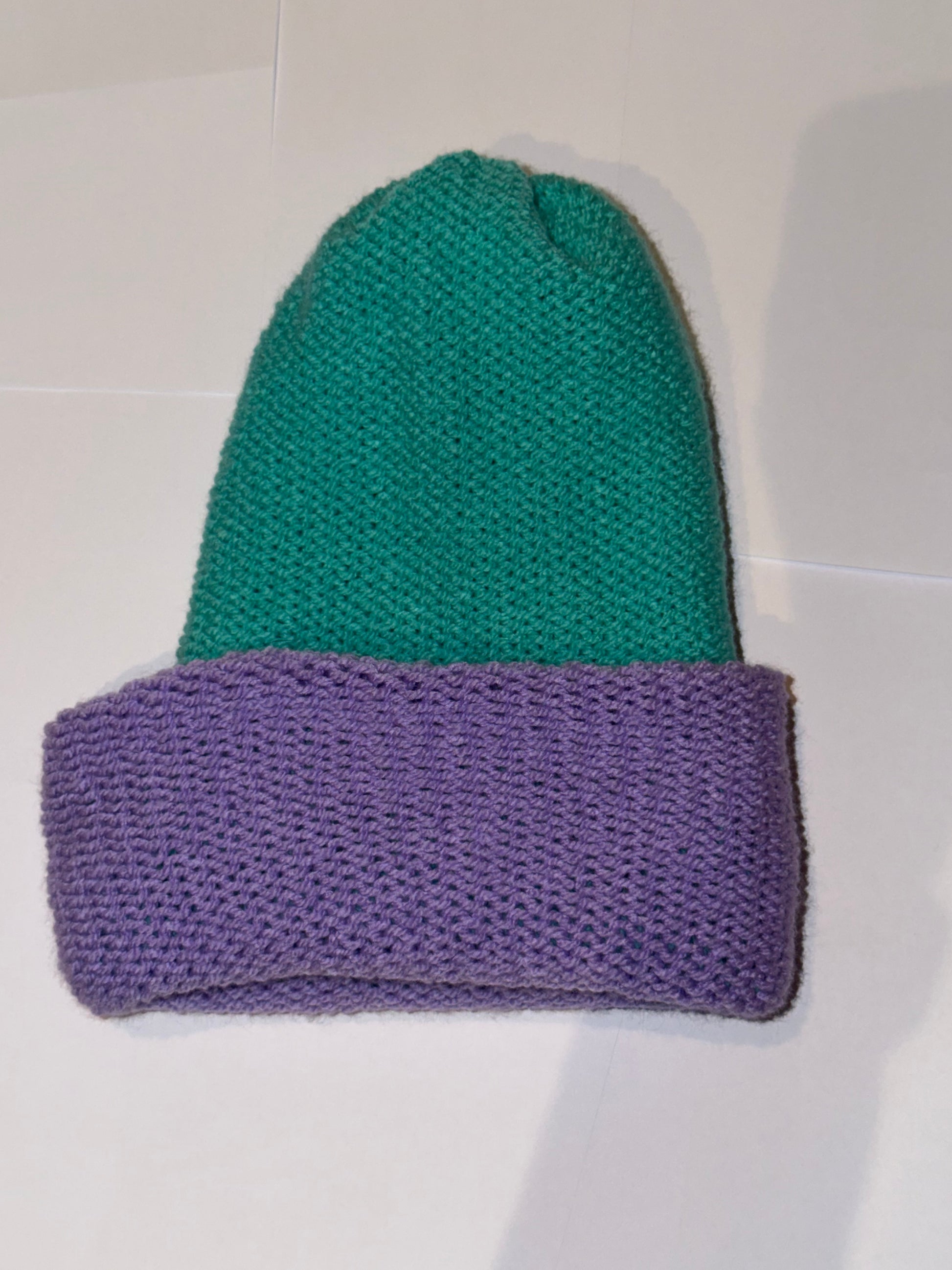 Handmade Reversible Wooly Beanie Bright Lilac and Aqua showing a vibrant dual-tone knit.
