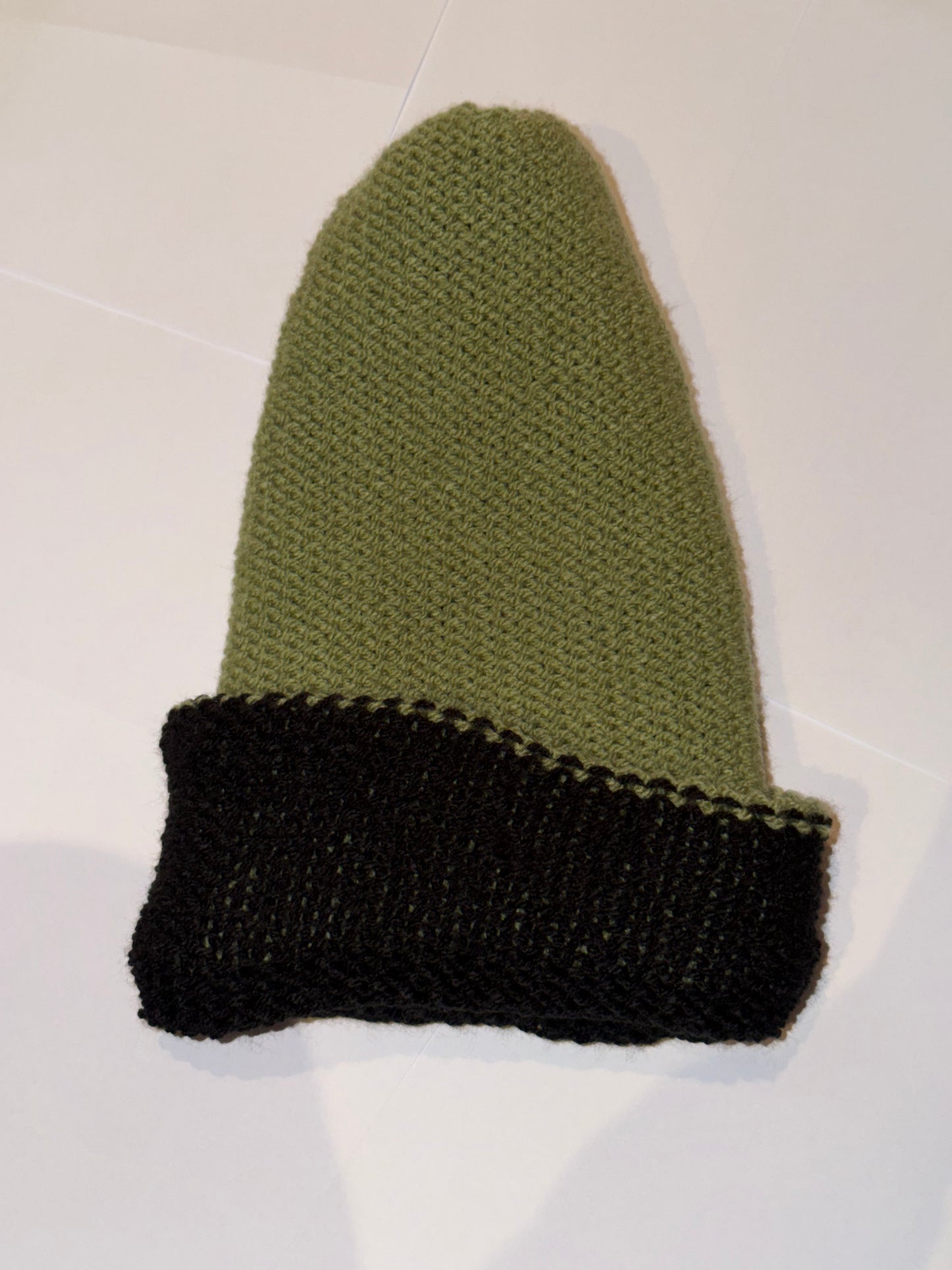 Handmade Reversible Wooly Beanie Sage Green and Black dual-color knit hat.