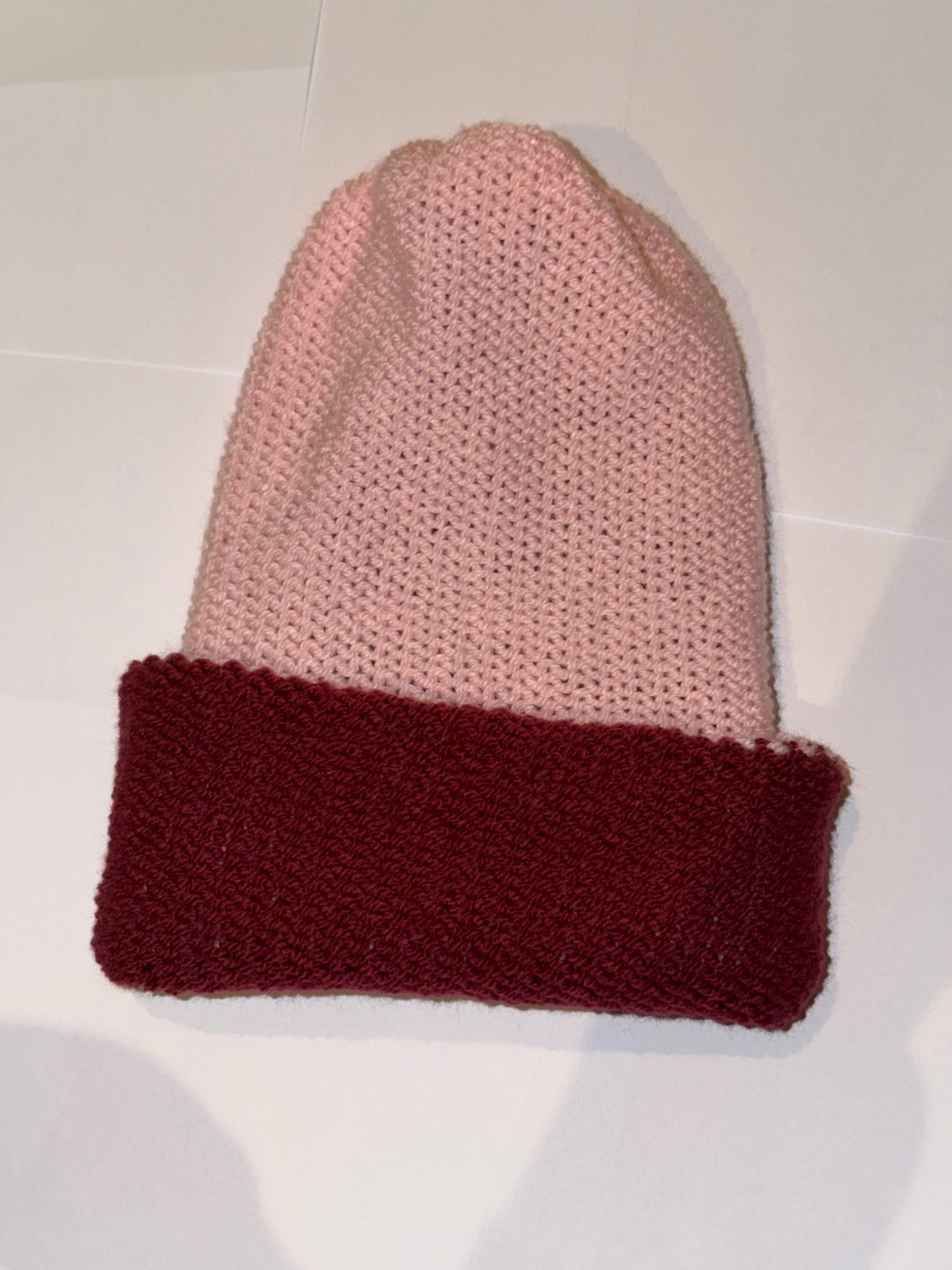 Handmade Reversible Wooly Beanie Plum and Light Pink dual-tone knit hat.
