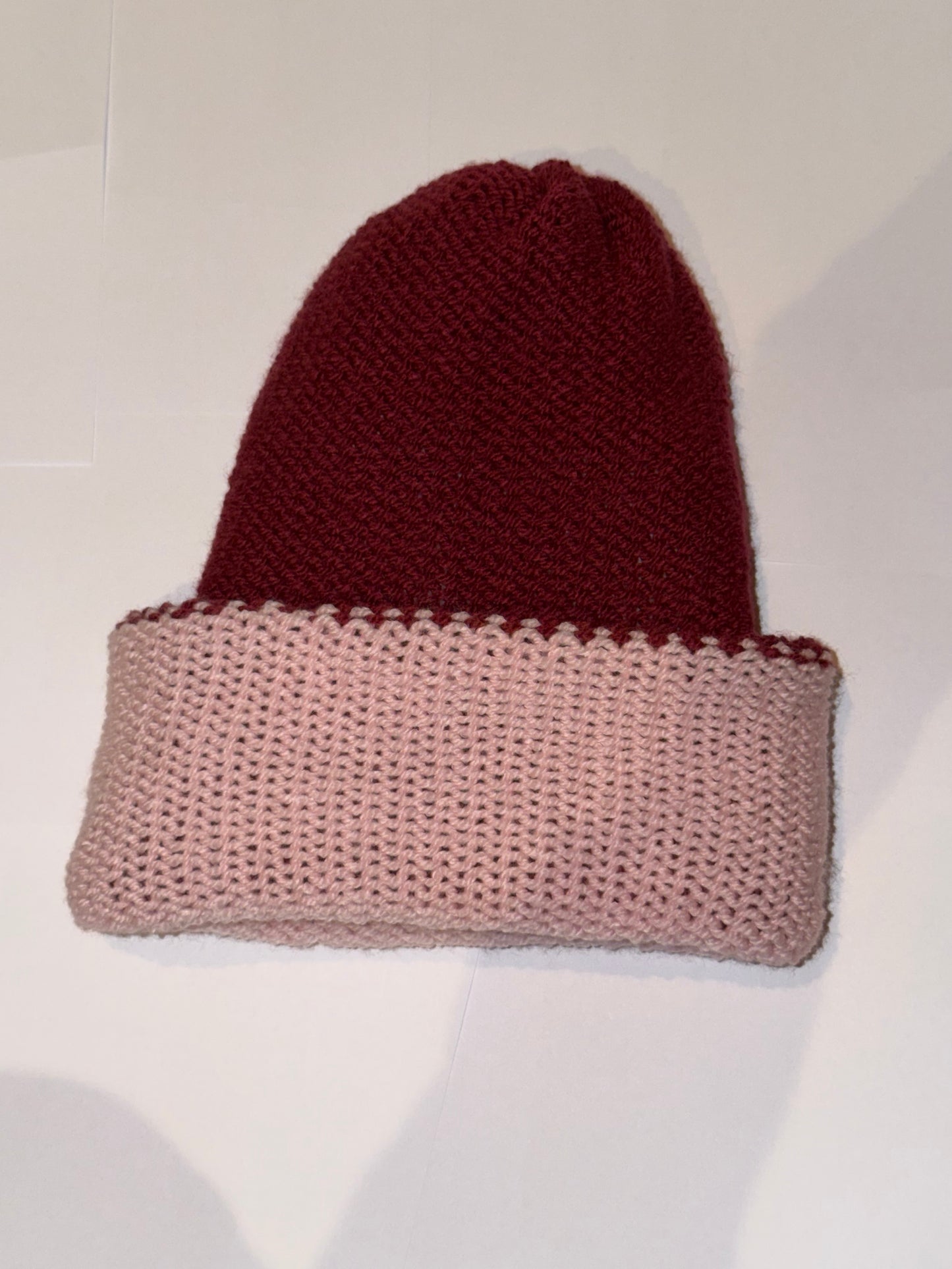 Handmade Reversible Wooly Beanie Plum and Light Pink dual-tone knit hat.