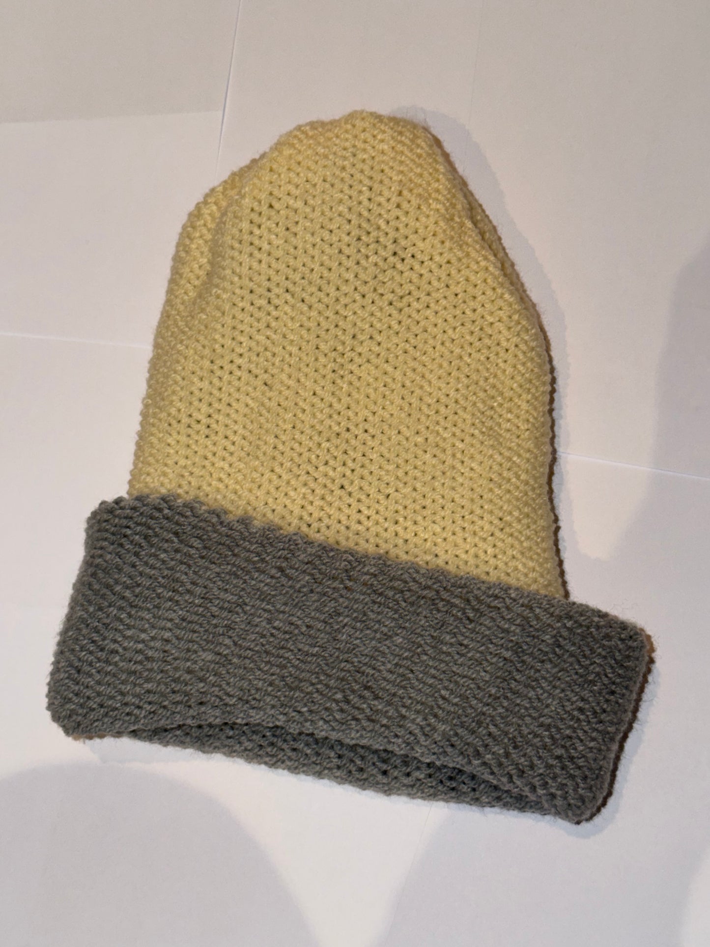 Handmade Reversible Wooly Beanie Grey and Cream featuring a dual-tone neutral knit.