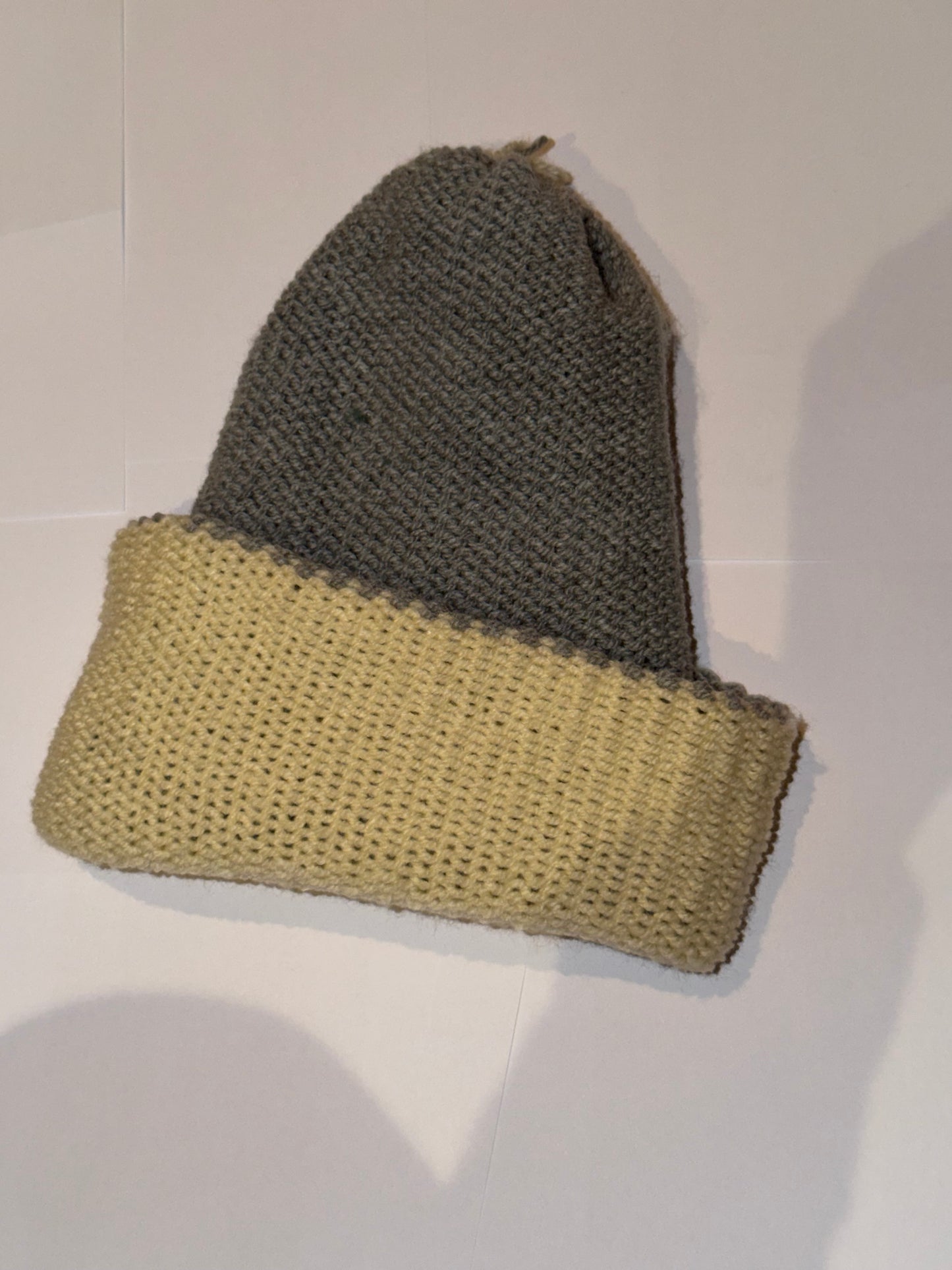 Handmade Reversible Wooly Beanie Grey and Cream featuring a dual-tone neutral knit.