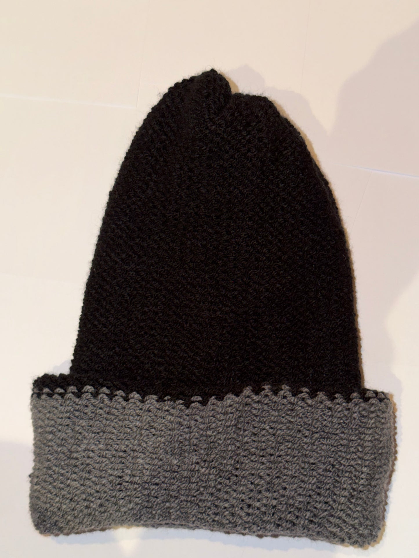 Handmade Reversible Wooly Beanie Dark Grey and Black in a dual-tone charcoal knit.