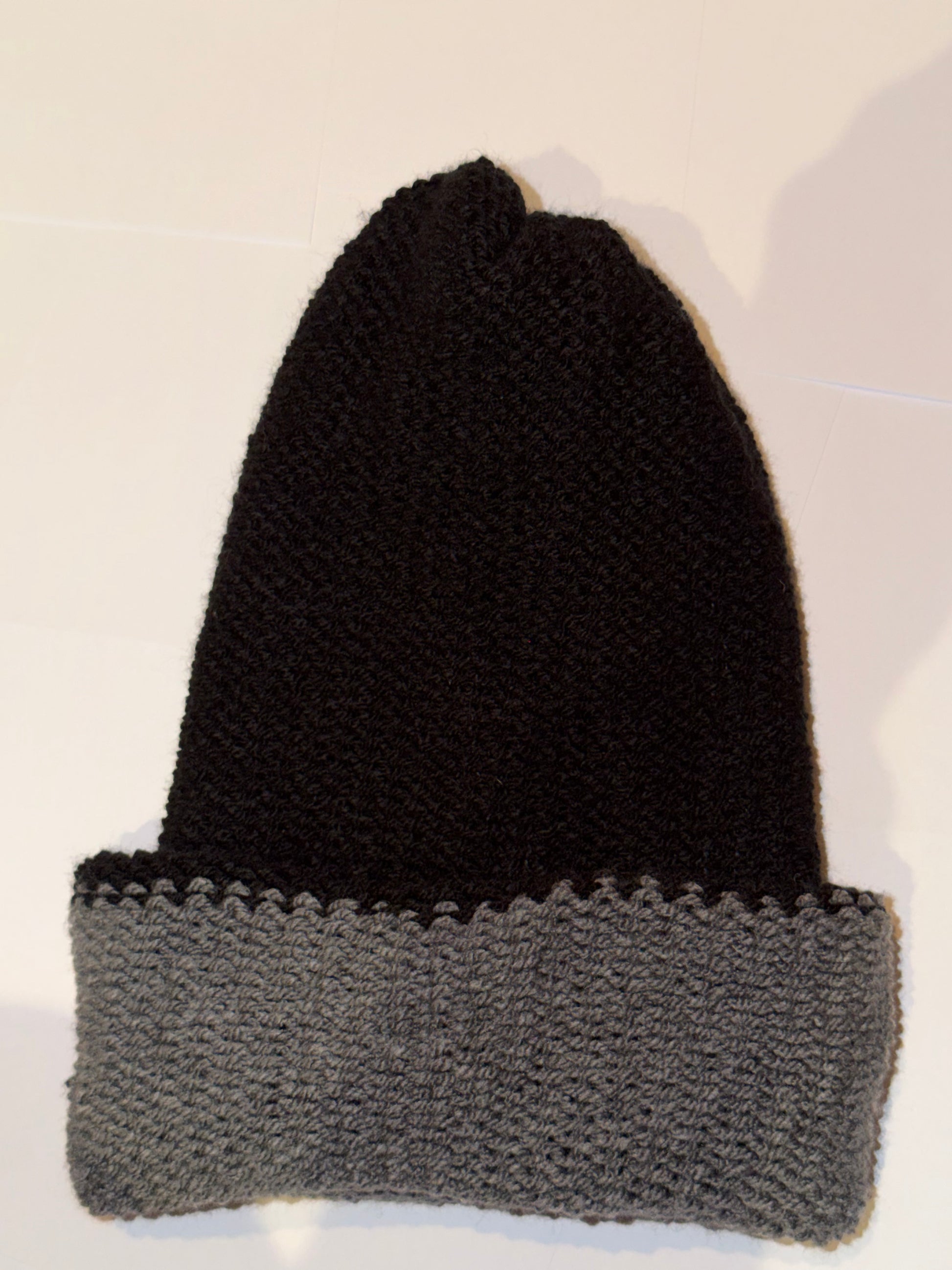 Handmade Reversible Wooly Beanie Dark Grey and Black in a dual-tone charcoal knit.
