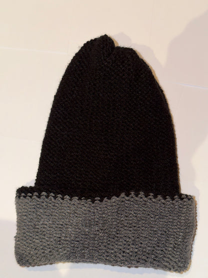 Handmade Reversible Wooly Beanie Dark Grey and Black in a dual-tone charcoal knit.