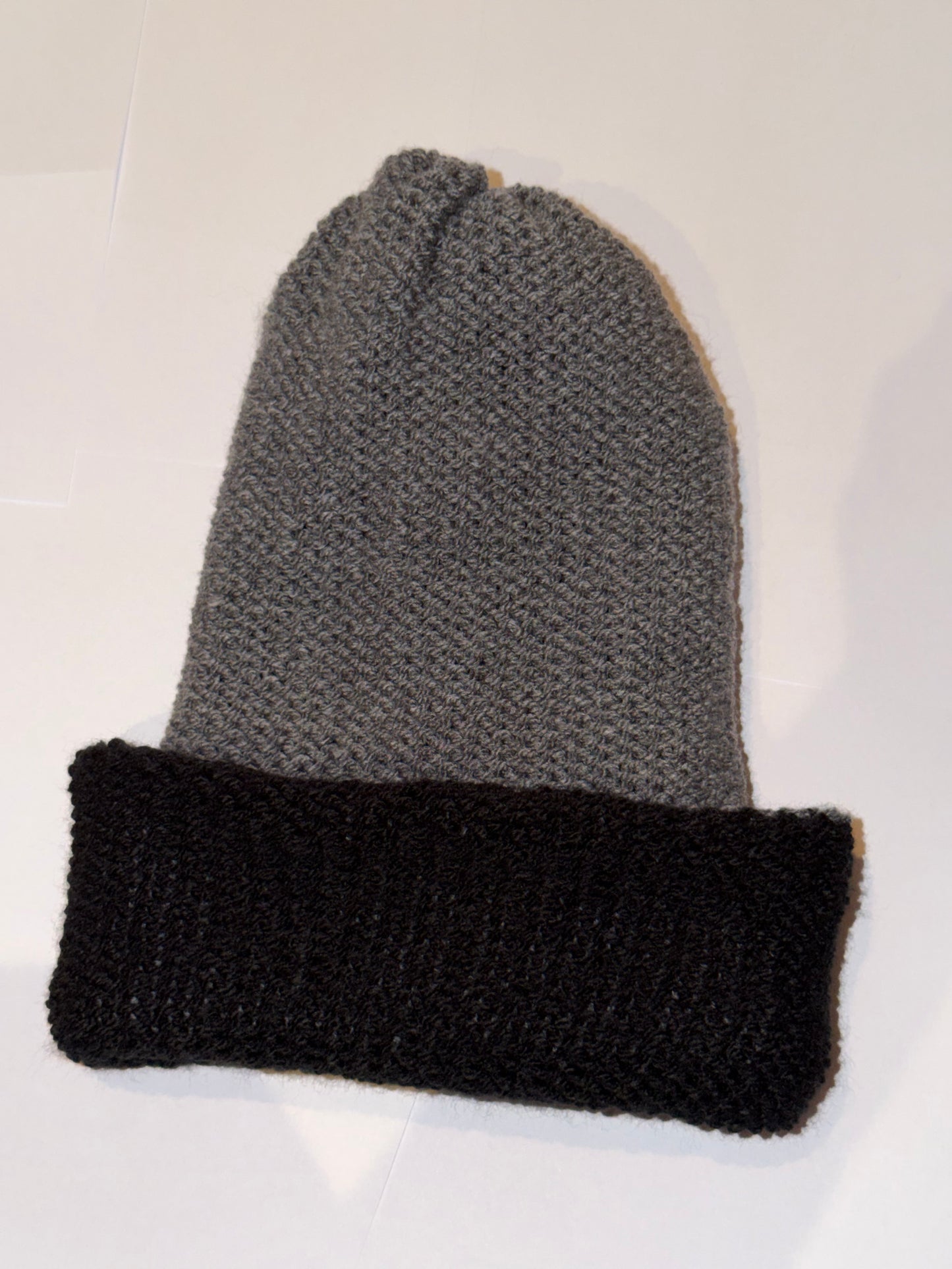 Handmade Reversible Wooly Beanie Dark Grey and Black in a dual-tone charcoal knit.