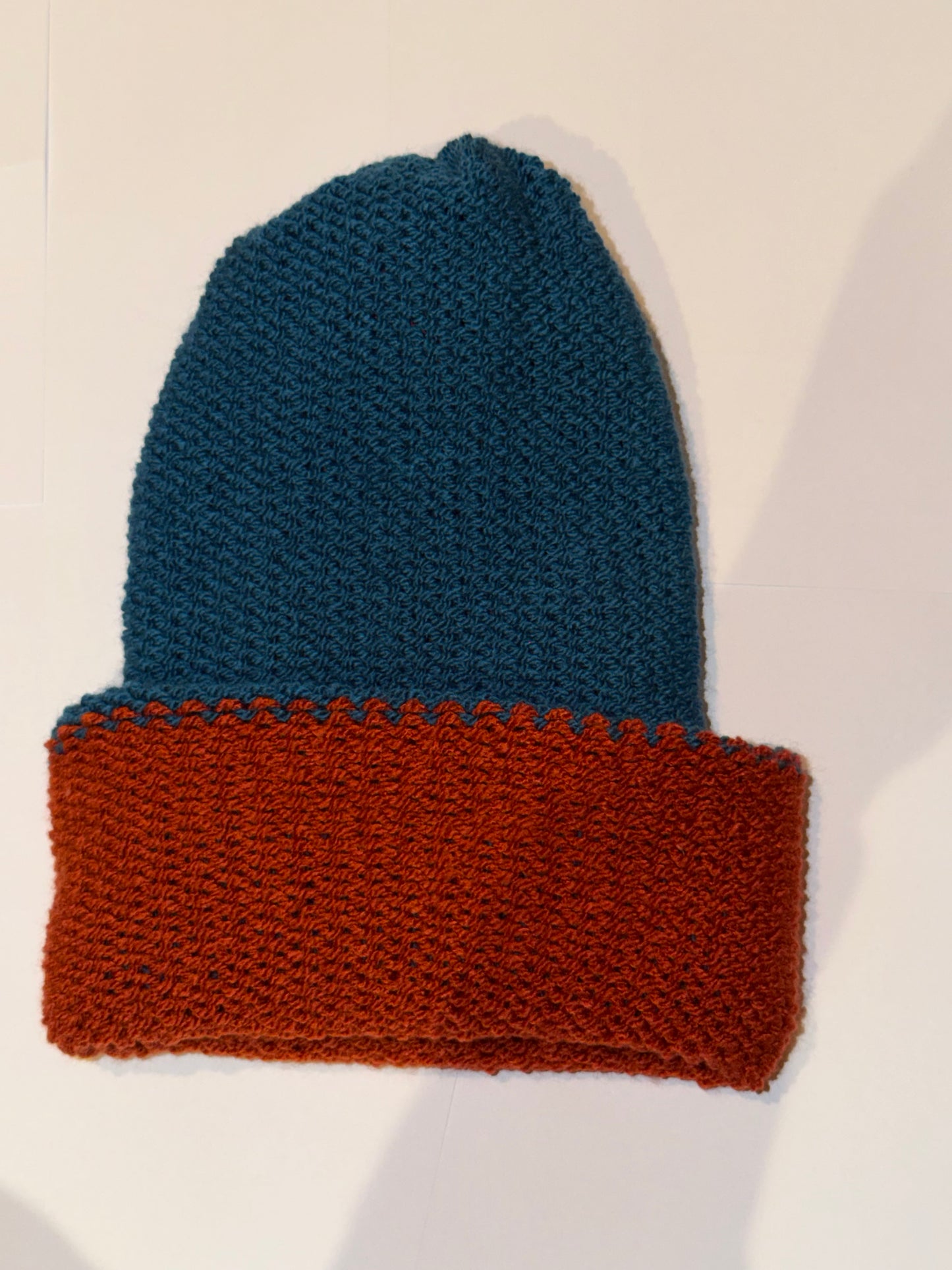 Handmade Reversible Wooly Beanie Fox Rust and Petrol dual-tone artisanal hat.