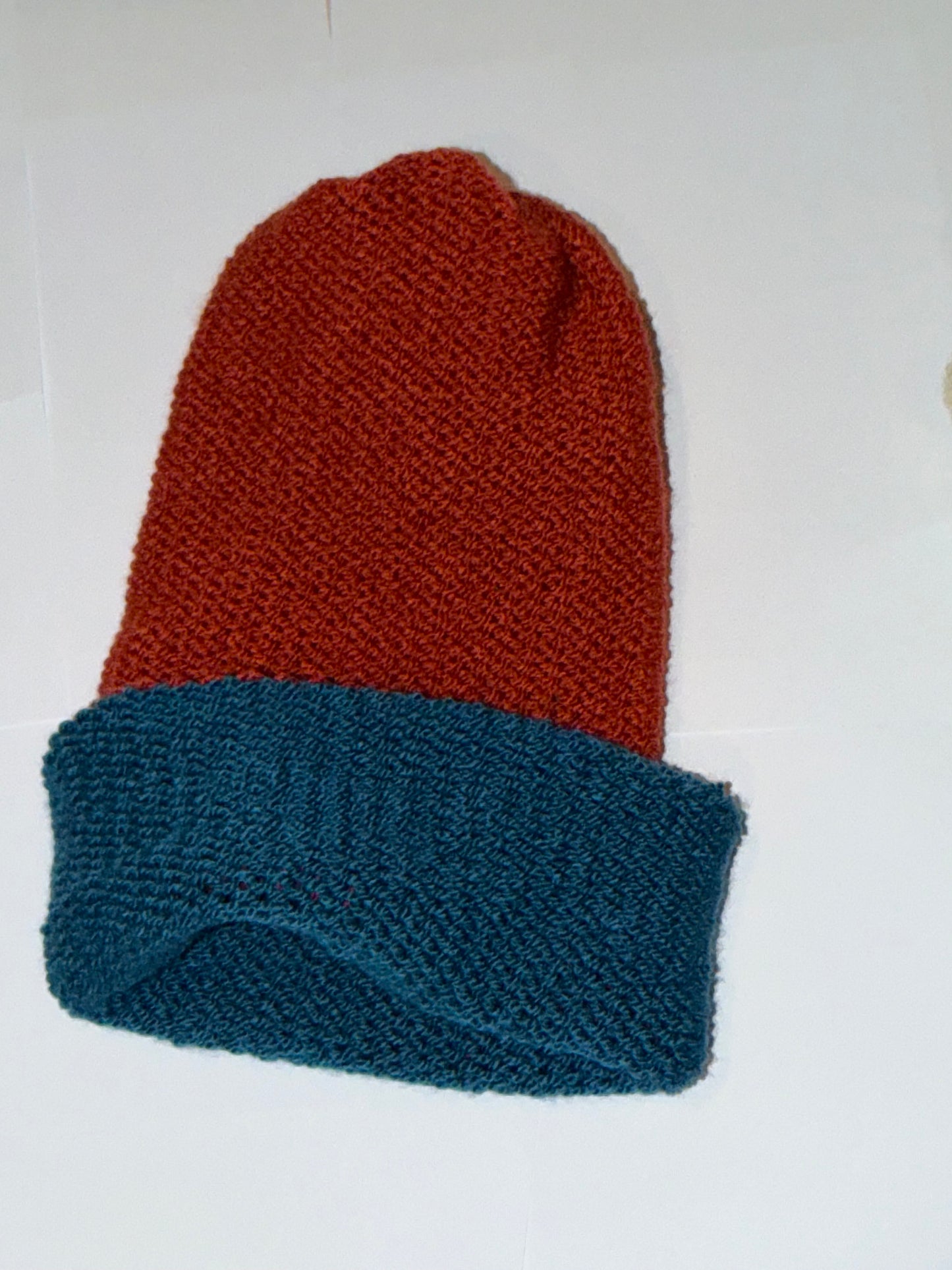 Handmade Reversible Wooly Beanie Fox Rust and Petrol dual-tone artisanal hat.