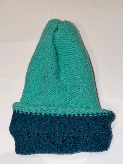 Handmade Reversible Wooly Beanie Petrol and Aqua showing the dual-tone blue-green knit.