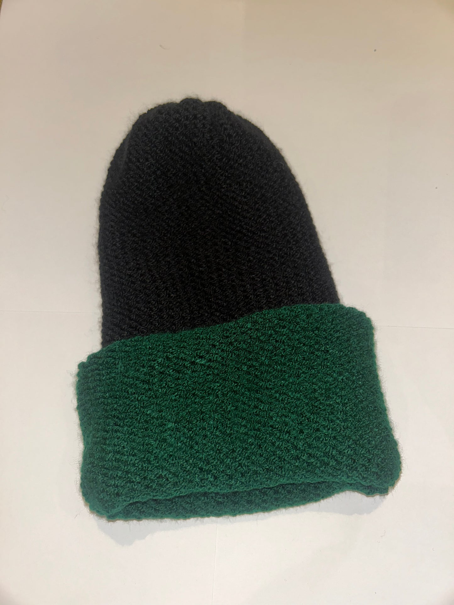 Black School Green Beanie handmade reversible wooly hat in black and green.
