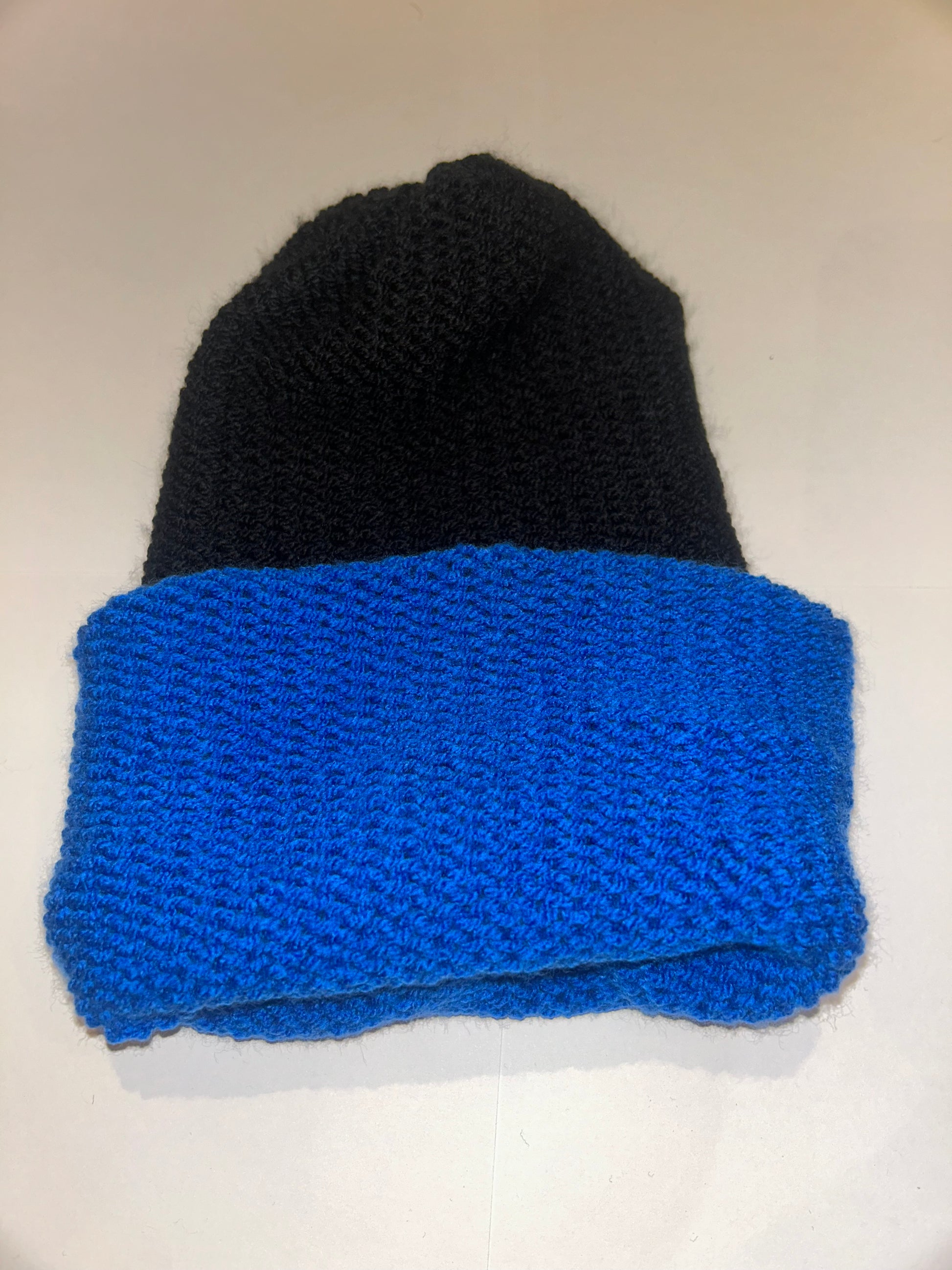 Black and Blue Wooly Beanie reversible handmade knit hat in black and deep blue.