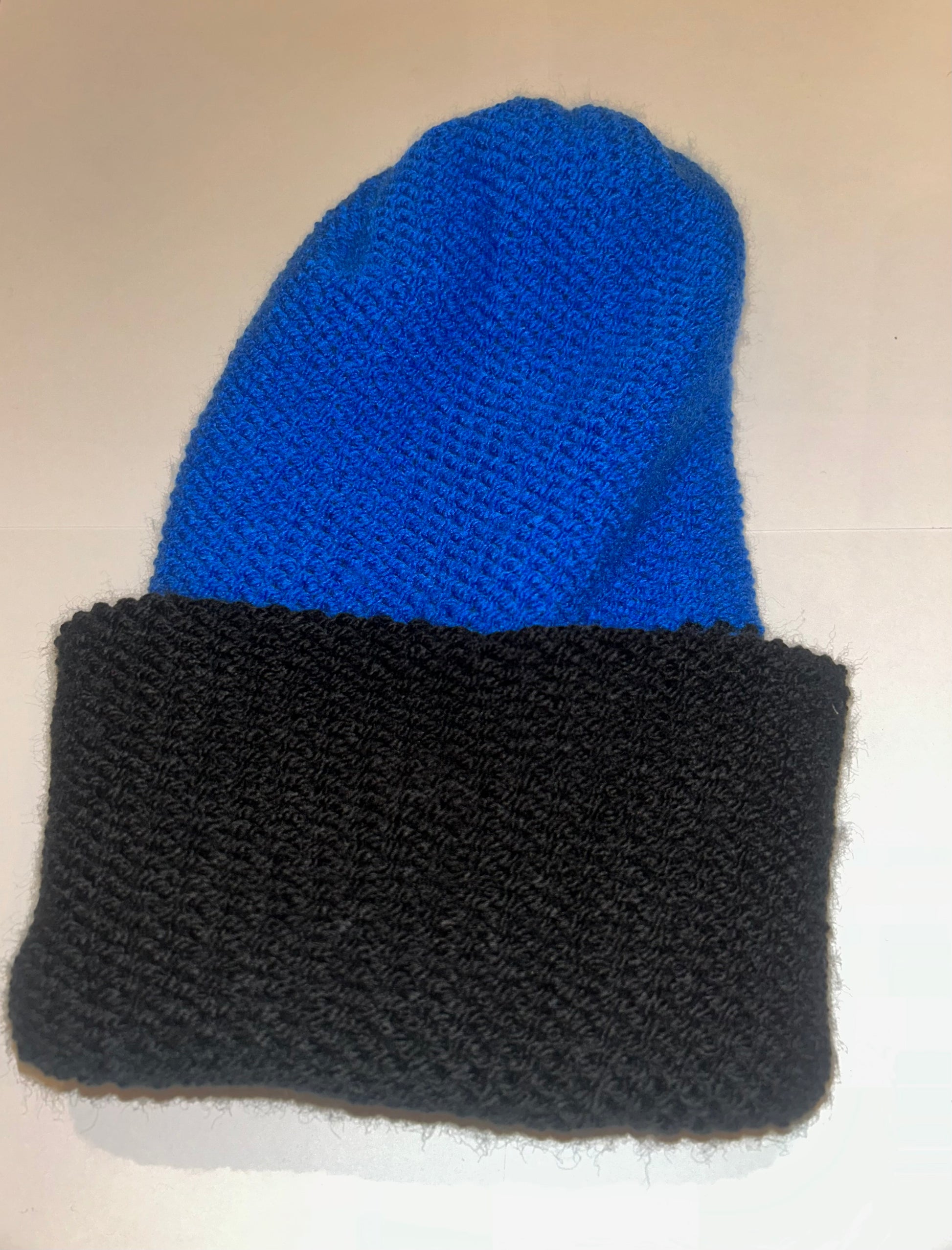 Reversible Blue Black Beanie handmade wooly hat in deep blue and black.